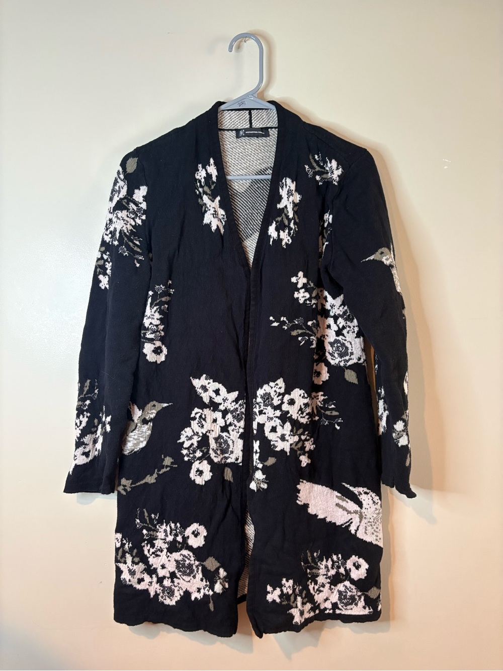 INC International Concepts Black Floral Open Front Knit Cardigan EUC